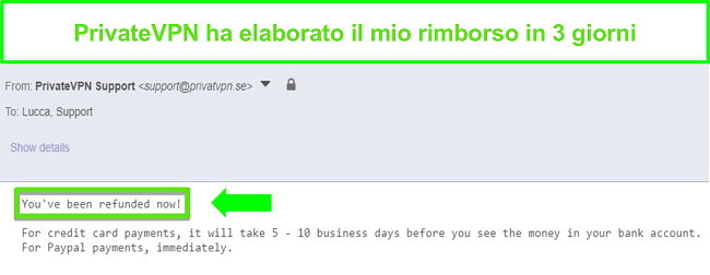 Screenshot della risposta di PrivateVPN dopo l'elaborazione di un rimborso