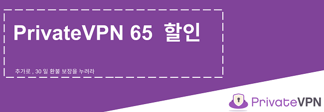 30 일 환불 보장과 함께 65 % 할인을 제공하는 작동중인 PrivateVPN 쿠폰 그래픽