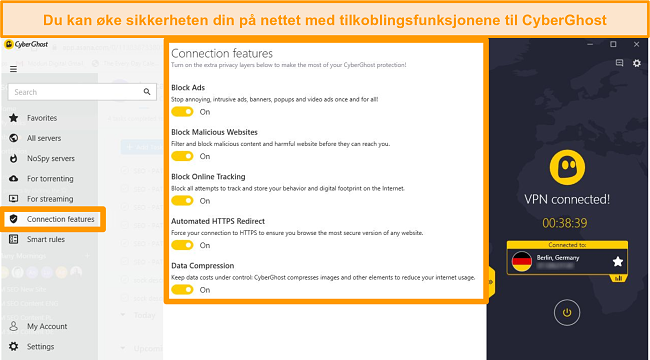 Skjermbilde av CyberGhost-tilkoblingsfunksjoner for &aring; forbedre sikkerheten p&aring; nettet