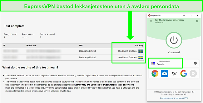 Skjermbilde av ExpressVPN som har best&aring;tt en DNS-lekkasjetest mens den er koblet til svenske servere