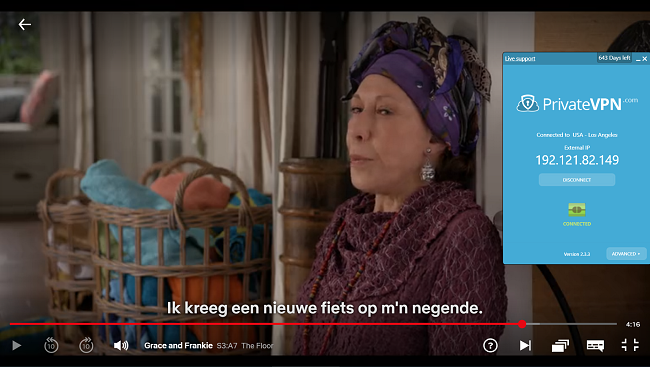 Screenshot van PrivateVPN verbonden met de Amerikaanse server met streaming van Grace en Frankie op Netflix US