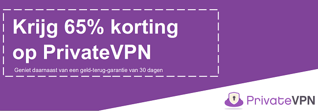 Afbeelding van een werkende PrivateVPN-kortingsbon die 65% korting biedt met een 30 dagen geld-terug-garantie