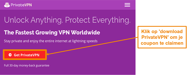Screenshot van het startscherm van PrivateVPN met een