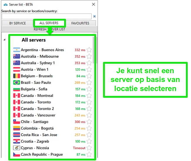 Screenshot van PrivateVPN-serverlocaties onder de lijst "Alle servers"