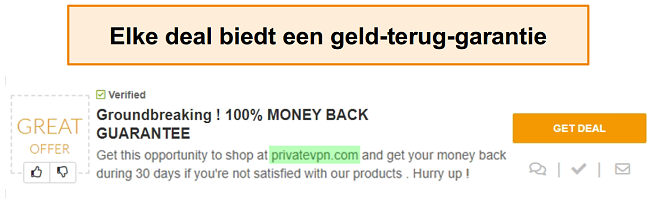 Screenshot van een PrivateVPN-coupon die reclame maakt voor een geld-terug-garantie als een "deal"
