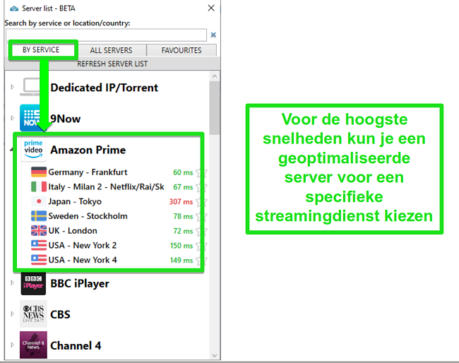 Screenshot van streaming-serveropties voor PrivateVPN