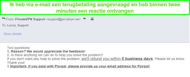Screenshot van PrivateVPN die snel reageert op mijn terugbetalingsverzoek via e-mail