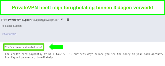 Screenshot van de reactie van PrivateVPN na het verwerken van een terugbetaling