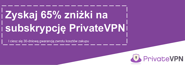 Grafika działającego kuponu PrivateVPN oferującego 65% zniżki z 30-dniową gwarancją zwrotu pieniędzy