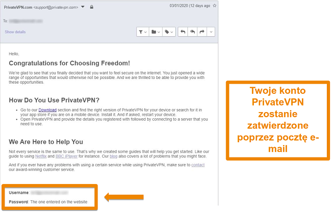 Zrzut ekranu z potwierdzeniem e-maila PrivateVPN po zarejestrowaniu się w celu założenia konta