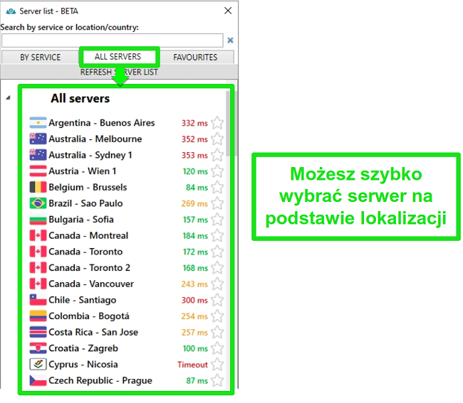 Zrzut ekranu przedstawiający lokalizacje serwer&oacute;w PrivateVPN na liście 