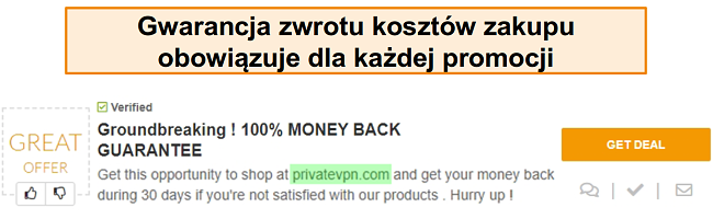 Zrzut ekranu kuponu PrivateVPN reklamującego gwarancję zwrotu pieniędzy jako 