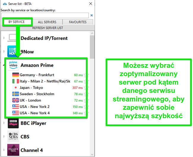 Zrzut ekranu opcji serwera strumieniowego dla PrivateVPN