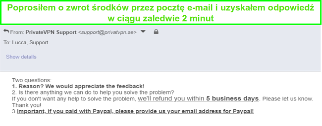 Zrzut ekranu z PrivateVPN, kt&oacute;ry szybko odpowiada na moją prośbę o zwrot pieniędzy za pośrednictwem poczty elektronicznej