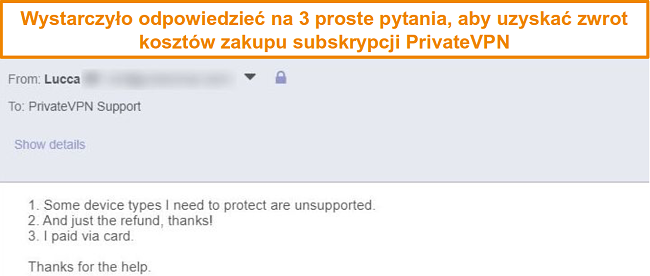 Zrzut ekranu z odpowiedziami na prośbę o zwrot koszt&oacute;w PrivateVPN przez e-mail