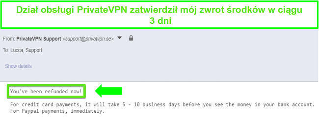 Zrzut ekranu odpowiedzi PrivateVPN po przetworzeniu zwrotu