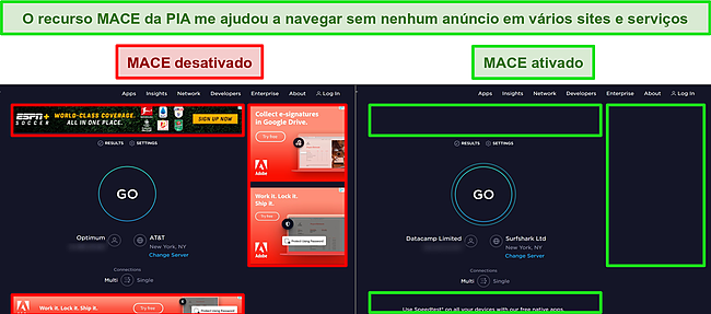 Capturas de tela dos sites da Ookla com o recurso MACE do PIA ativado e desativado, destacando a diferen&ccedil;a no n&uacute;mero de an&uacute;ncios vistos em cada p&aacute;gina.