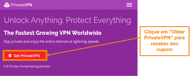 Captura de tela da tela inicial de PrivateVPN com um