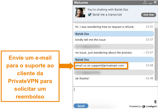 Captura de tela de um agente de chat ao vivo PrivateVPN fornecendo instru&ccedil;&otilde;es para enviar uma solicita&ccedil;&atilde;o de reembolso por e-mail