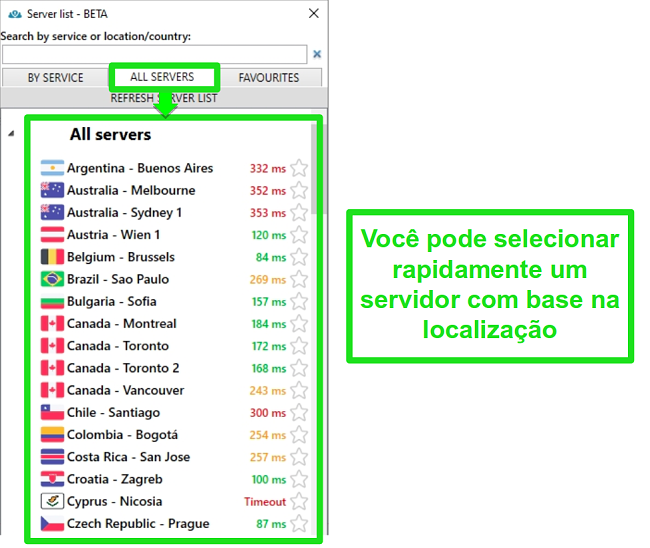Captura de tela dos locais do servidor PrivateVPN na lista "Todos os servidores"