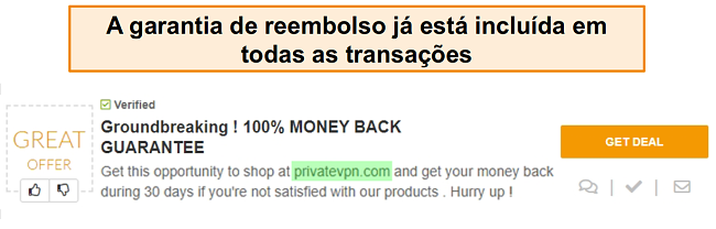 Captura de tela de um cupom PrivateVPN anunciando uma garantia de devolu&ccedil;&atilde;o do dinheiro como um "neg&oacute;cio"