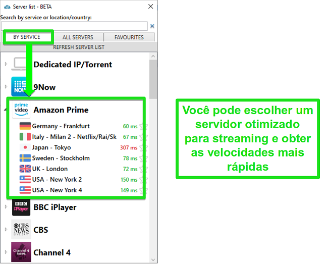 Captura de tela das op&ccedil;&otilde;es do servidor de streaming para PrivateVPN