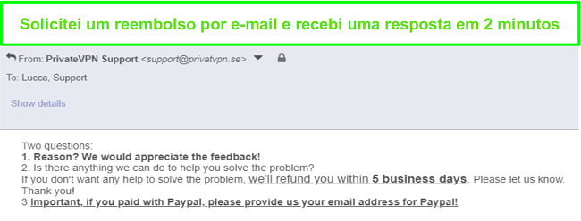 Captura de tela de PrivateVPN respondendo rapidamente &agrave; minha solicita&ccedil;&atilde;o de reembolso por e-mail