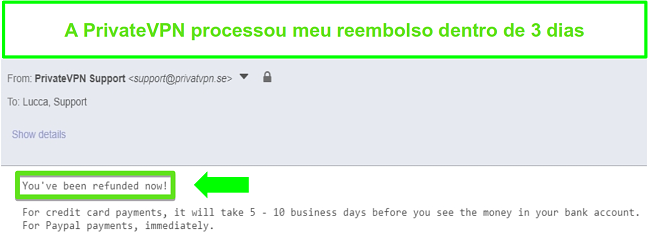 Captura de tela da resposta de PrivateVPN ap&oacute;s processar um reembolso