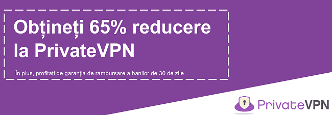 Graficul unui cupon PrivateVPN funcțional care oferă o reducere de 65% cu o garanție de 30 de zile de returnare a banilor