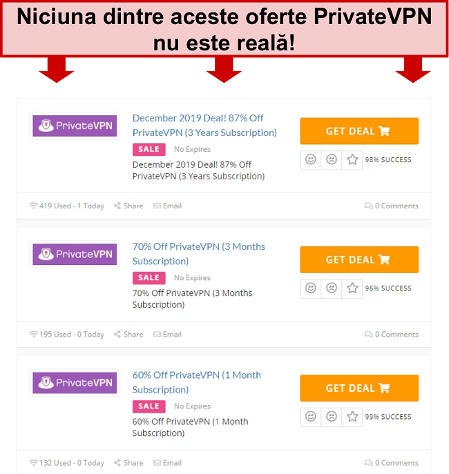 Captură de ecran a ofertelor PrivateVPN care arată prețuri false