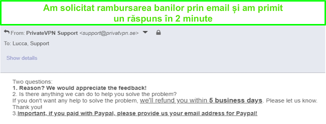 Captură de ecran a PrivateVPN care răspunde rapid la solicitarea mea de rambursare prin e-mail
