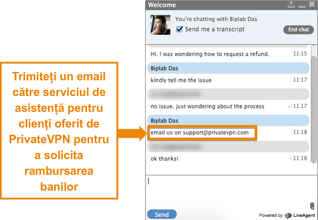 Captură de ecran a unui agent de chat live PrivateVPN care oferă instrucțiuni pentru trimiterea unei cereri de rambursare prin e-mail