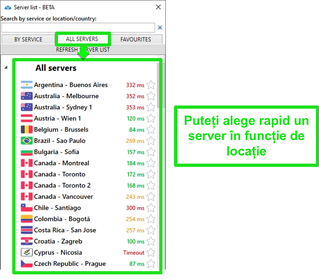 Captură de ecran a locațiilor serverului PrivateVPN din lista &bdquo;Toate serverele&rdquo;