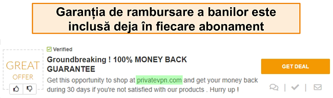 Captură de ecran a unui cupon PrivateVPN care promovează o garanție de restituire a banilor ca &bdquo;afacere&rdquo;