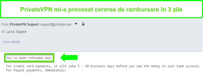 Captură de ecran a răspunsului PrivateVPN după procesarea rambursării