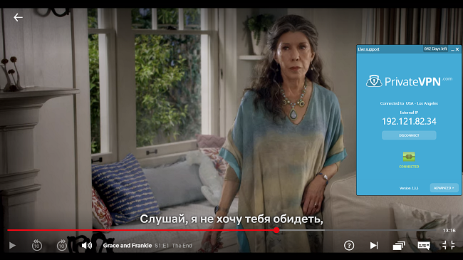 Снимок экрана PrivateVPN, подключенного к серверу в США с потоковой передачей Грейс и Фрэнки на Netflix в США