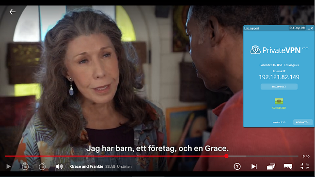 Sk&auml;rmdump av PrivateVPN ansluten till amerikansk server med Grace och Frankie-streaming p&aring; Netflix USA