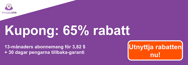 Grafik av en fungerande PrivateVPN-kupong med 65% rabatt p&aring; en 13-m&aring;naders prenumeration och en 30-dagars pengarna-tillbaka-garanti