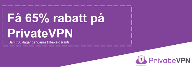 Grafik f&ouml;r en fungerande PrivateVPN-kupong som erbjuder 65% rabatt med 30-dagars pengarna-tillbaka-garanti