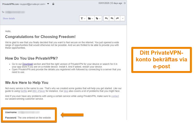 Sk&auml;rmdump av en PrivateVPN-e-postbekr&auml;ftelse efter att du registrerat dig f&ouml;r ett konto