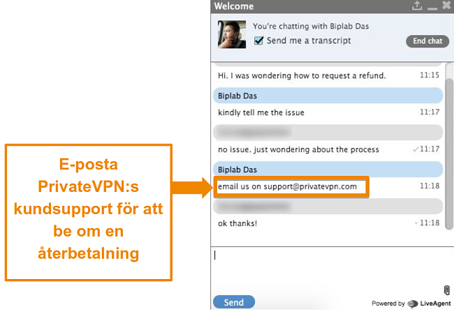 Sk&auml;rmdump av en PrivateVPN-chattagent som ger instruktioner f&ouml;r att skicka en beg&auml;ran om &aring;terbetalning via e-post