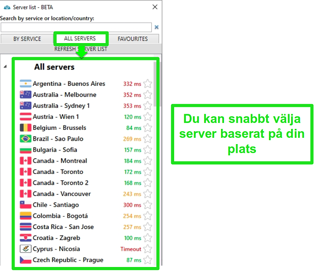 Sk&auml;rmdump av PrivateVPN-serverplatser under listan "Alla servrar"
