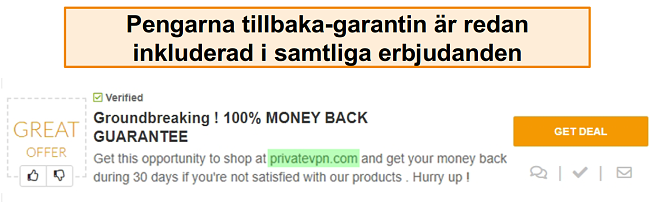 Sk&auml;rmdump av en PrivateVPN-kupong som annonserar en pengarna-tillbaka-garanti som en "aff&auml;r"