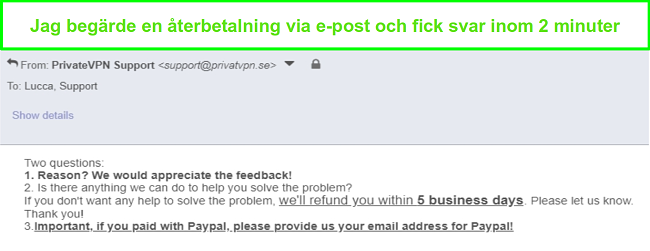Sk&auml;rmdump av PrivateVPN svarar snabbt p&aring; min &aring;terbetalningsf&ouml;rfr&aring;gan via e-post