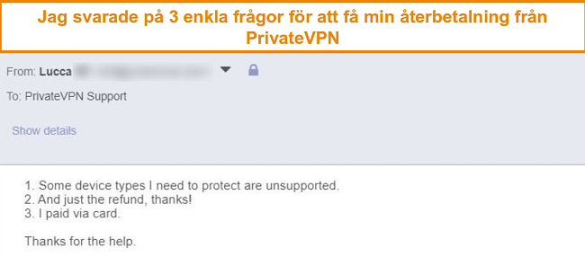 Sk&auml;rmdump av svar f&ouml;r att beg&auml;ra en PrivateVPN-&aring;terbetalning via e-post