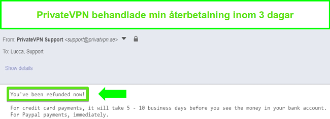 Sk&auml;rmdump av PrivateVPNs svar efter bearbetning av en &aring;terbetalning