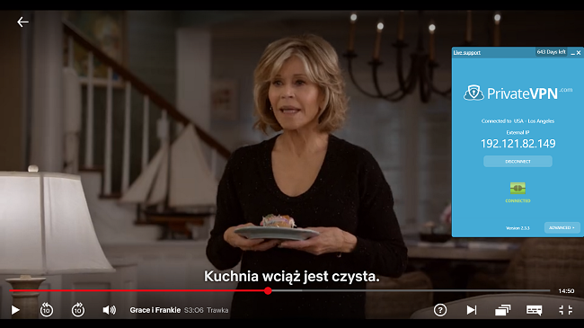 Grace and Frankie ile ABD sunucusuna bağlı PrivateVPN'in ekran g&ouml;r&uuml;nt&uuml;s&uuml; Netflix ABD'de yayınlanıyor