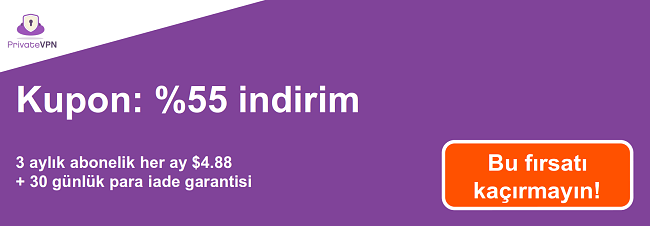 3 aylık abonelikte% 55 indirim ve 30 g&uuml;nl&uuml;k para iade garantisi ile &ccedil;alışan bir PrivateVPN kuponu grafiği