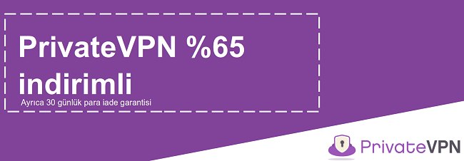 30 g&uuml;nl&uuml;k para iade garantisi ile% 65 indirim sunan &ccedil;alışan bir PrivateVPN kuponunun grafiği