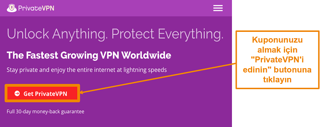 PrivateVPN'in ana ekranının ekran g&ouml;r&uuml;nt&uuml;s&uuml;